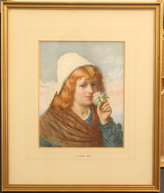 Joseph Vincent Gibson (fl.1861-1888) Girl smelling a posy, 11 x 9in.